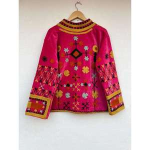 <b>Women</b> Boho Suzani Embroidered Velvet <b>Jacket</b> Pink Floral Open Front Stand Collar Ethnic <b>Vintage</b> Autumn Outerwear - Product Image 5
