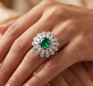Luxury Lab Grown Cushion Green Flower <b>Ring</b> Halo Diamond Statement <b>Cocktail</b> <b>Ring</b> Jewelry for Woman | Perfect for Gift & Party's - Product Image 1