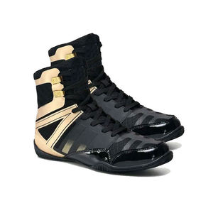 <b>Black</b> Leather Lace-Up Boxing Shoes Breathable High Top Design for Training and <b>Combat</b> Sports - Product Image 1