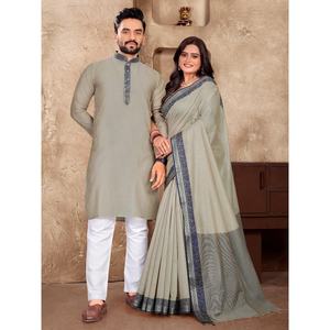 TRENDING LINEN SILK JACQUARD WORK WOMEN'S KURTA PAYJAMA and <b>SAREE</b> with UNSTITCHED <b>BLOUSE</b> GREY Hand Drawn & Silk Screen Printed - Product Image 1