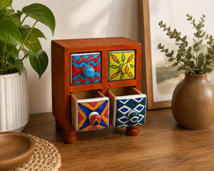 Handmade Wooden Jewelry <b>Box</b> with 4 Ceramic <b>Drawers</b> | Decorative Jewelry Organizer Chest for Rings, Earrings & Accessories - Product Image 1