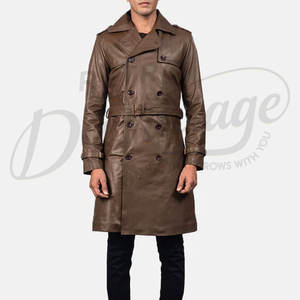 Abrigo de Cuero Genuino Marrón Personalizado para Hombre, Estilo Británico Clásico, Corte Entallado, Chaqueta de Invierno Larga con Doble Botonadura - Product Image 6