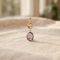 Pendentif élégant minimaliste chrétien fait main en argent sterling 925 avec améthyste naturelle et citrine taille ovale sertie clos