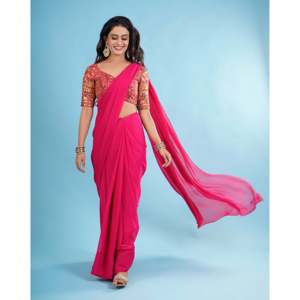 Sari Tradicional de Georgette Rosa con Blusa de Cuello en V, Cintura Natural, Bordado Intenso, Silueta Recta, Cómodo y Adornado - Product Image 4