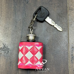 Stylish Tooled Checkered Leather <b>Mini</b> Hip Flasks Keychain Pocket <b>Bottle</b> Wine Holder with Clip Compact Travel Gift for Unisex - Product Image 1