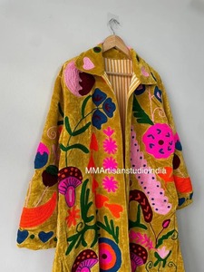 Bata de mujer con cuello en V, 100% algodón, reversible, bordada con motivos florales azules, hecha a mano, tipo kimono largo, con cinturón, para estar en casa o como ropa de descanso. - Product Image 4