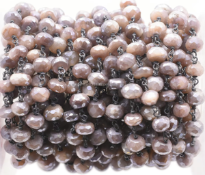 Mystique Brown Moonstone Rondelle Shape Sterling Silver <b>Black</b> Oxidized Plated Rosary Wire <b>Wrap</b> Chain - Product Image 3
