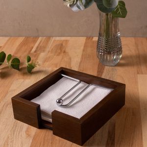 Classic Walnut Finish Napkin <b>Caddy</b> – Chrome Weighted Bar Tabletop Paper Organizer - Product Image 1