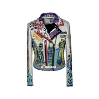 Respirant Mode Casual Noir Style Graffiti-Imprimer Zipper Varsity Veste Moto En Cuir Clouté-Rivet Denim Veste