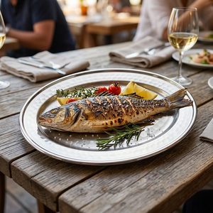 Plateau à poisson ovale fait main en acier inoxydable 304 de 40 cm, finition satinée et bord martelé, pour la décoration intérieure, les hôtels et les mariages - Product Image 2