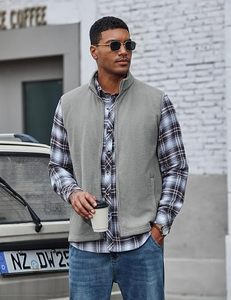 Gilet sans manches classique pour homme en polaire gris, fermeture éclair intégrale, col montant, pour superposition extérieure - Product Image 4