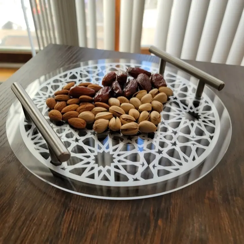 Islamitische Patroon Houten Sweets Lade Met Acryl Top-Goud Zilver Ramadan Eid Lade Door Zamzam Impex