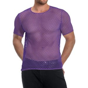 Camiseta de malla fina morada de manga corta, cómoda, mezcla de spandex, flexible, ligera, transpirable, ropa de baile disco, camisas de malla para hombre - Product Image 3
