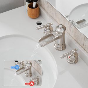 Rubinetto per lavabo bagno da 8 pollici, nichel spazzolato, 3 fori, scarico a scomparsa, doppia leva, rubinetto bagno da 8 pollici - Product Image 4