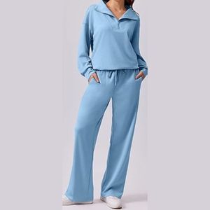 Conjunto de chándal de mujer azul claro con media cremallera, forro polar premium de alto gramaje, sudadera oversize y pantalones anchos a juego, ropa de descanso - Product Image 1