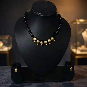Gold Plated Brass Black Beaded Necklace and Stud Earring Set Classic Geometric Jewelry <b>Gift</b> for <b>Wedding</b> Party KOTTRAVAI - Product Image 6