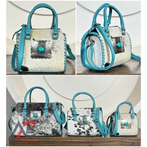 Premium Hair On Cowhide <b>Genuine</b> Leather Small Speedy Duffel Bags Luxury Turquoise Stone Concho Crossbody Handbags For Unisex - Product Image 1