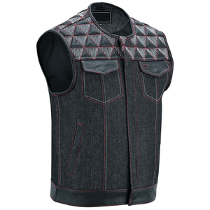 Premium Men's Black Denim Motorcycle Vest Leather Patchwork Biker Waistcoat <b>Punk</b> Streetwear Embroidery Sleeveless Denim <b>Jacket</b> - Product Image 4