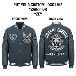 Chaqueta Varsity ZAINI ZE-062 para Hombre, Resistente al Viento, Mezcla de Lana 800 GSM, Mangas de Cuero PU 520 GSM, Panel Morado, Chenilla Personalizada - Product Image 1