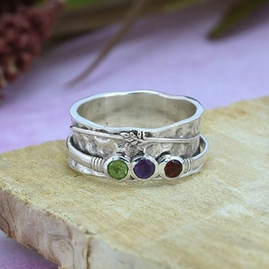 3 Stone 925 Sterling Silver Minimalist <b>Spinner</b> <b>Ring</b> Hammered Wide Band Bezel Set Gemstone Meditation Anxiety <b>Ring</b> for Women - Product Image 3