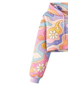 Conjunto de Sudadera Corta y Pantalones Cortos Multicolor para Mujer, Estampado Abstracto de Dibujos Animados, Felpa de Algodón, Dos Piezas, Ropa Informal, Estilo Urbano - Product Image 3
