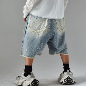 Shorts en jean vintage pour hommes, coupe droite, style streetwear d'été, personnalisés, baggy, effet usé, en denim de coton délavé foncé - Product Image 2