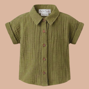<b>Cot</b> & Candy Organic Muslin Jhabla <b>Set</b> Oversized Knitted Shirt with Shorts for Summer for 0-6 Months Baby Olive Color - Product Image 3