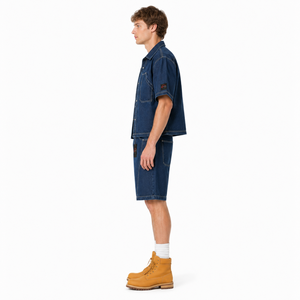 Men's Denim Short <b>Set</b> Button Up Shirt Matching Shorts Solid Color Breathable Cotton Casual Summer Wear Regular Fit Denim <b>Set</b> - Product Image 2