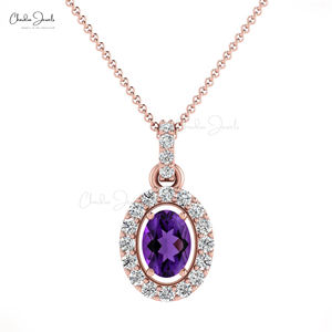Amatista genuina 7X5mm Colgante de piedras preciosas ovaladas 14K Oro sólido Diamante Halo Colgante Joyería de oro fino a precio de fábrica al por mayor - Product Image 1