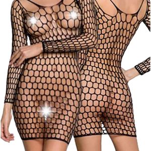 Women's Black Mesh Fishnet Bodysuit Long Sleeve See Through Sexy Lingerie Dress - Product Image 4
