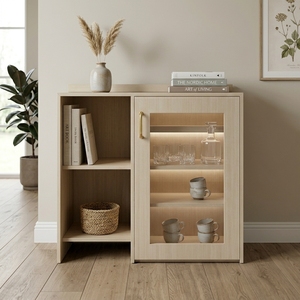 Meuble Bar Moderne en Bois de Chêne Naturel avec Portes en Verre Cannelé, Étagères Ouvertes, Console de Rangement, Buffet pour Salon, Meuble de Maison - Product Image 5