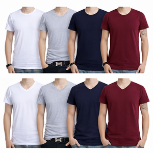 T-shirt OEM pour homme en coton, col en V, couleur unie, manches courtes, coupe ajustée, couche de base, vierge pour logo, dropshipping, vente en gros - Product Image 1