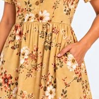 Robe midi florale moutarde pour femme, manches courtes, boutonnée sur le devant, coupe trapèze, avec poches, décontractée, pour l'été – Fournisseur de vêtements en gros OEM ODM