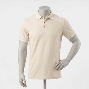 Polo de Piqué de Algodón Beige de Manga Corta para Hombre, Corte Regular, Informal, Transpirable, Diseño Sólido, Cierre de Botones - Product Image 2
