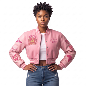 Ladies Varsity <b>Jackets</b> With <b>Leather</b> Sleeves Plus Size Patch Work Fashionable letterman <b>jacket</b> womens lady crop patchwork <b>Jackets</b> - Product Image 6