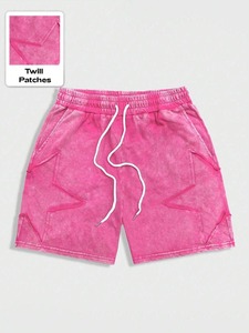 Shorts en molleton 100% coton de haute qualité, style streetwear, avec cordon de serrage, effet délavé, patchwork brodé et déchiré. - Product Image 1