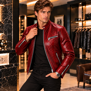 <b>Mens</b> <b>White</b> Embossed Snake Leather <b>Jacket</b> Slim Fit Biker Coat with Breathable Silk Lining Winter Streetwear - Product Image 2