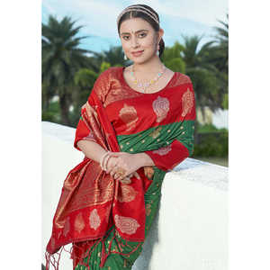 Elite Weaves Hippie Green Soft Silk Saree with Zari Woven Contrast <b>Indian</b> & <b>Pakistani</b> <b>Clothing</b> - Product Image 2