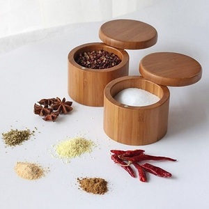 Boîte à sel ronde en bois d'acacia bio avec cuillère, outils pour herbes et épices, pour usage domestique, bol à sel et poivre, boîte à épices - Product Image 1