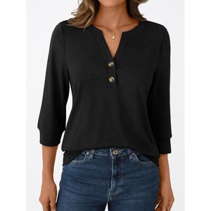 2025 blusas de verano para mujer, blusas con botones y cuello en V de manga larga 3/4, ropa de negocios de seda XL/elegante/informal a la moda para primavera - Product Image 5