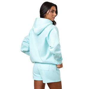 Womens Ice Blue Fleece Hoodie and <b>Shorts</b> Set Relaxed Fit Casual <b>Lounge</b> Wear Athleisure Fitness Activewear Outfit - Product Image 2