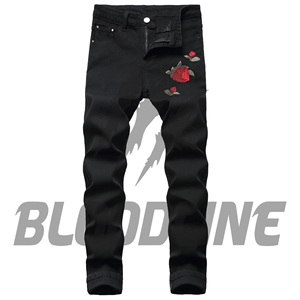 Jean en denim noir coupe droite pour homme BLOODLINE, décontracté, taille mi-haute, en coton, broderie florale, style automne - Product Image 1
