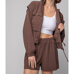 <b>Women</b> Track Suit 2 Piece Solid Color Windbreaker Windproof <b>Jacket</b> With Pocket and Adjustable Cinch and Shorts - Product Image 1