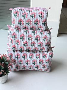 Toiletry Bags Lovely Cotton Floral Cosmetic Bag Set 3Pc Quilted Multi-Function Storage <b>Case</b> White Pink Green Pattern <b>Makeup</b> - Product Image 1