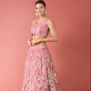 Conjunto de Lehenga Choli de Red Suave con Lentejuelas Bordadas, Largo hasta el Suelo, de Poliéster, Ideal para Bodas, Fiestas y Eventos Festivos - Product Image 1