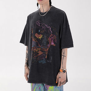 Camisetas de estilo vintage con hombros caídos y lavado ácido para hombre, camisetas estampadas de cuello redondo para streetwear. - Product Image 2