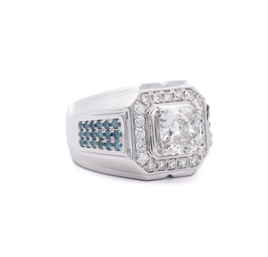 Bague de cocktail géométrique pour homme avec diamant taille princesse serti pavé, pierres bleues, plaqué rhodium, argent 925 - Product Image 1