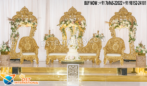 Ensemble de canapés et trônes élégants pour la décoration de scène de Walima musulmane, magnifique ensemble de canapés et causeuses blancs et dorés pour réceptions de mariage aux États-Unis - Product Image 4