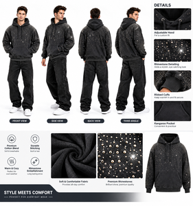 Sweat-shirt à capuche surdimensionné en polaire pour homme, orné de strass, impression numérique écologique, hiver, personnalisable en gros, 300g, non doublé - Product Image 4