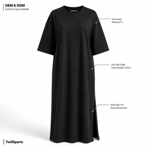 Vestido Camisero Maxi Oversize de Algodón para Mujer, de Alto Gramaje 240-260 GSM, Corte Holgado, OEM ODM, Marca Privada, Venta al por Mayor, Cintura Natural, Tallas Completas - Product Image 3